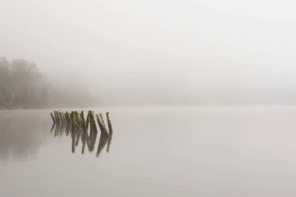 Туманное Утро Воде Столбами Торчащими Воды — стоковое фото