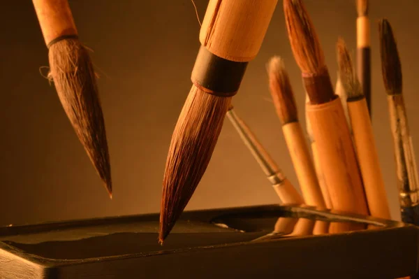 Escovas Sumi Japonesas Tinteiro — Fotografia de Stock