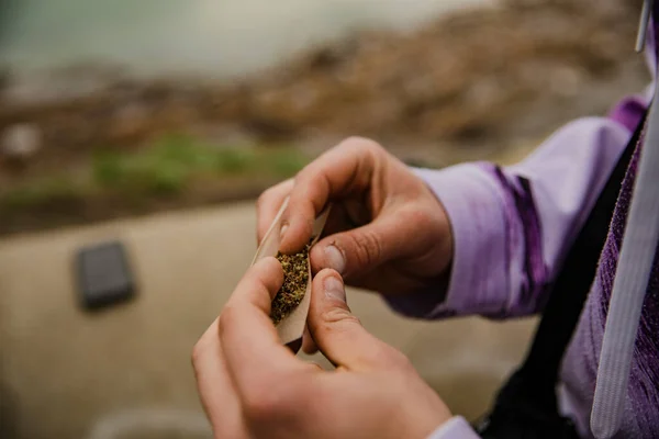 Hands Man Rolling Marijuana Cigarette — Stok Foto