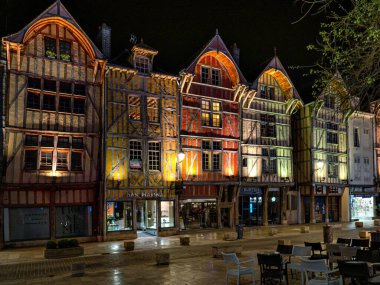 Night views of the old French city of Troyes. Cozy old half-timbered town.. France