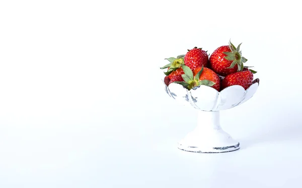 Fresh Strawberries White Dessert Bowl White Background — стоковое фото