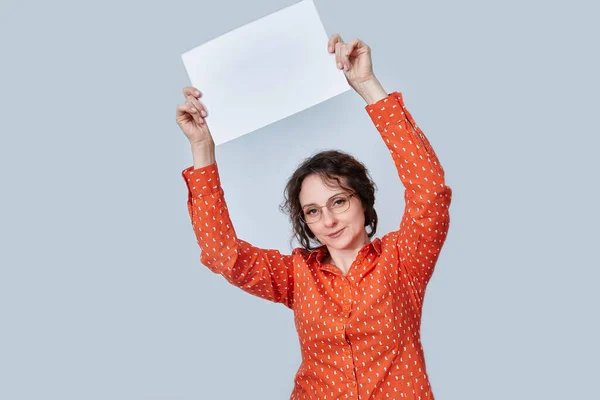 Middle Aged Woman White Paper Her Hands Place Text — Stock Fotó