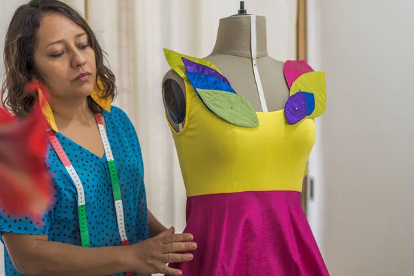Latin Fashion Designer Giving Final Touch Colorful Dress —  Fotos de Stock