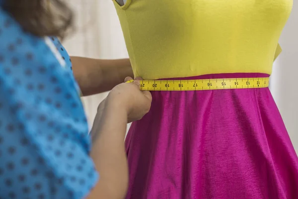 Close Latin Fashion Designer Measuring Dress Tape —  Fotos de Stock