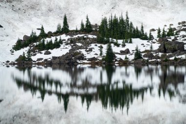 22 Gölü 'nün durgun sularına küçük bir tepe yansıdı. Washington Cascades' e kurulmuş küçük bir göl..
