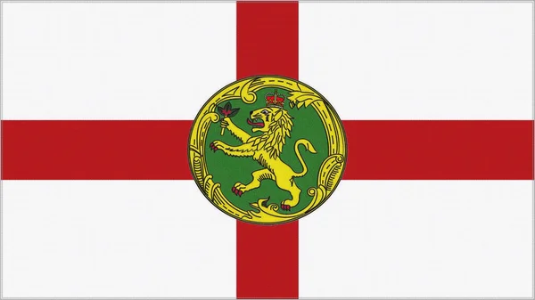 オールダーニーの刺繍フラグ オールダンエンブレムステッチ生地 紋章が刺繍されている 国のシンボルテキスタイルの背景 — ストック写真
