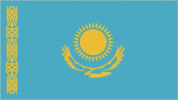 哈萨克斯坦刺绣国旗 刺绣的面料 镶嵌的臂章 国家象征纺织品背景 — 图库照片