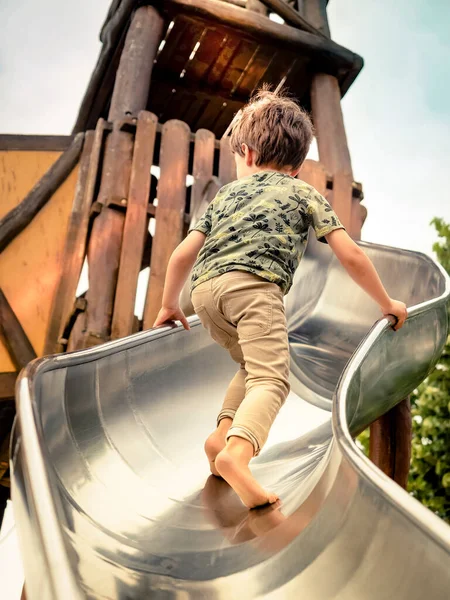 Child Climbing Wooden Slide Montessori — Stock Photo, Image