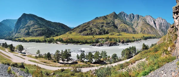 Panorama Majestic Altai Mountains Mighty Katun River — Stock Photo, Image