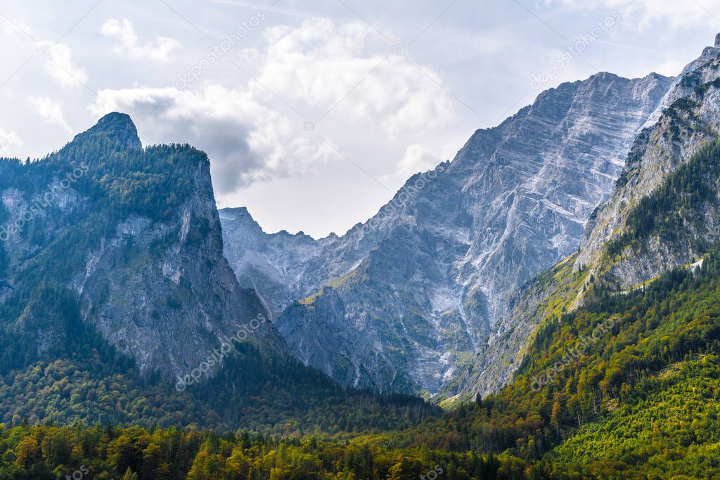 Alps mountains covered with forest in Berchtesgaden National Park, Bavaria, Germany