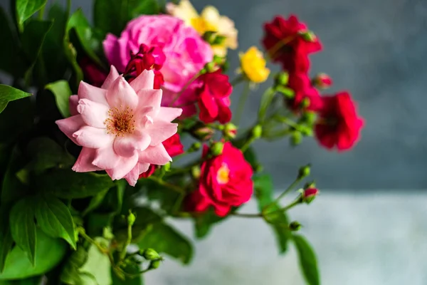 Buquê Com Mistura Diferentes Tipos Flores Rosa — Fotografia de Stock