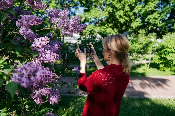 一个女人用她的智能手机给紫丁香拍照 — 图库照片