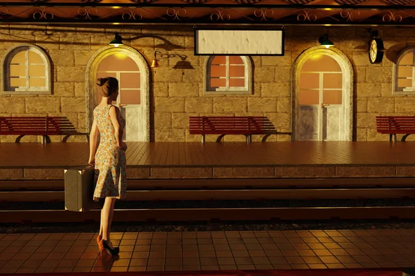 Γυναίκα Βαλίτσα Περιμένει Τρένο Στο Σταθμό Αποτύπωση — Φωτογραφία Αρχείου