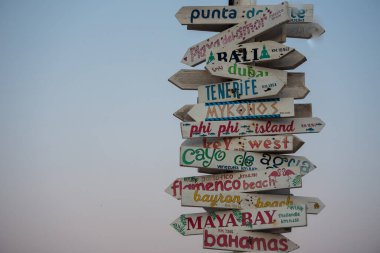 Signal post distances to paradic cities of the world in Formentera, Spain.  clipart