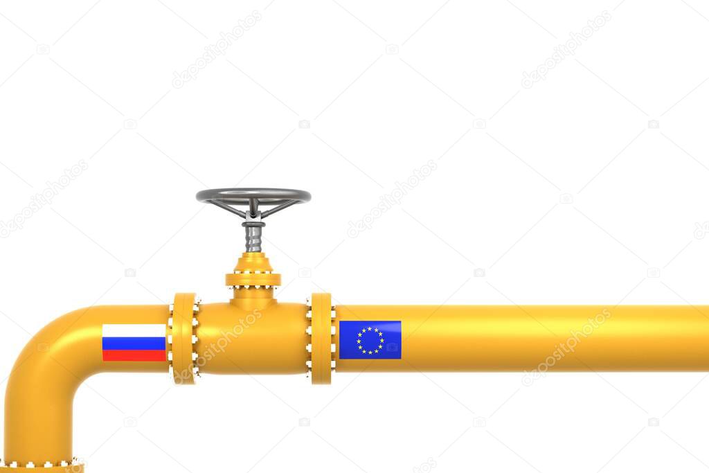 Gas pipe with  Russia and Europe flags. 3D Illustration
