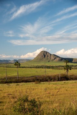 Beautiful view to typical cerrado landscsape with mountains, fields and trees in Chapada dos Veadeiros, Gois State, Central Brazil 