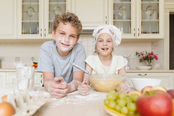 Portrait Cheerful Children Stained Flour Kitchen — Stock Photo, Image