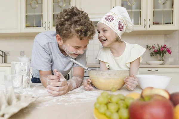 Children Kitchen Stained Flour Preparing Pie —  Fotos de Stock