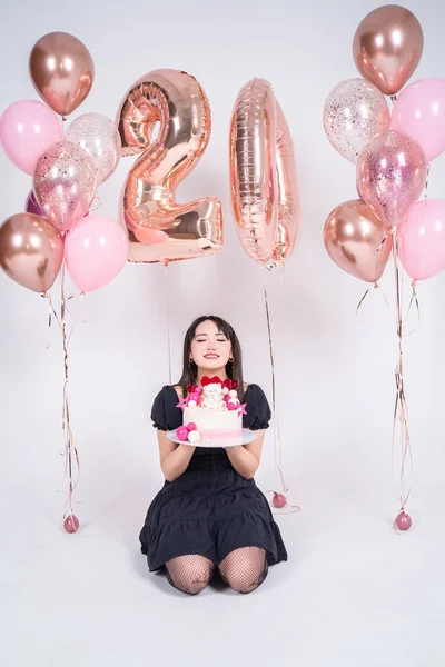 Cute Young Asian Woman Cake Her Birthday — Stock Photo, Image