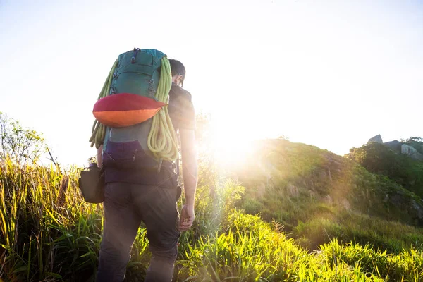 Man Hiking Climbing Backpack Green Rainforest Mountain Top — Fotografia de Stock