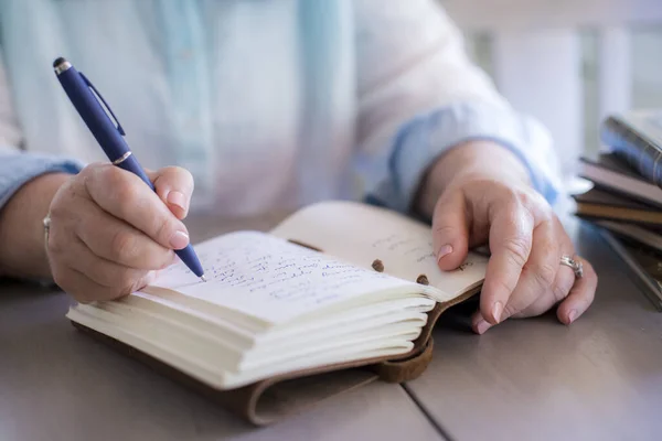 Close White Woman Hands Writing Journal — Stock Photo, Image