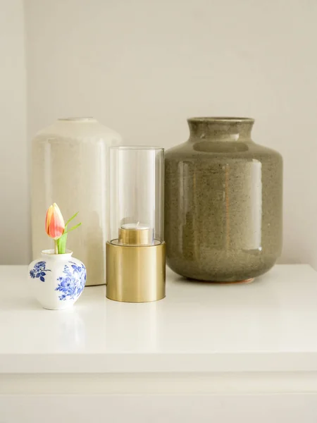 Close Vaso Decoração Interiores Vela Flor — Fotografia de Stock