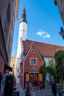 Antik Tallinn caddesi ve bir yaz günü turistler.