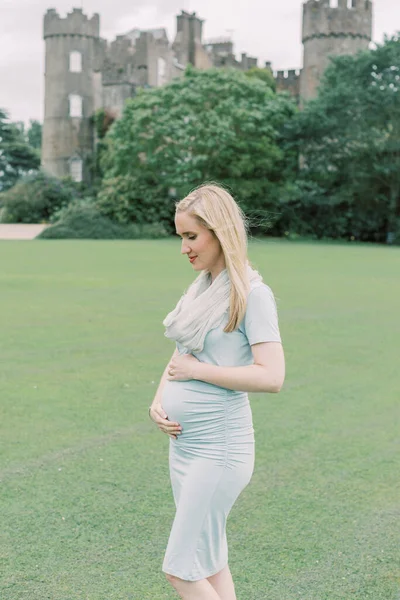 Pregnant Woman Holds Belly Front Malahide Castle Ireland — 스톡 사진