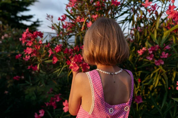 Girl View Back Flowering Oleander Bush — Foto de Stock