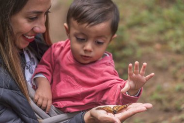 Küçük çocuk annesinin elinden bir kral kelebeğini yakalamaya çalışıyor.