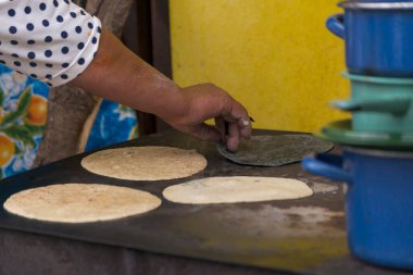 Meksikalı kadın odun tepside tortilla pişirmeye hazırlanıyor.