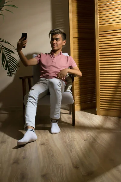 Man Sitting Armchair Make Selfie Using Smartphone — Foto Stock