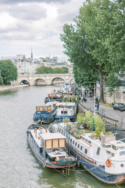 View of boats lined up along the Seine River in Paris, France