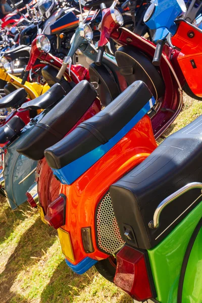 Row Brightly Colored Mopeds Parked Grass Sunny Day — ストック写真