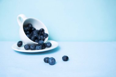 Blueberries fell on the table from a mug on a blue background