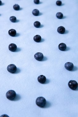 Vertical photo with blueberries lie in a row on a purple background