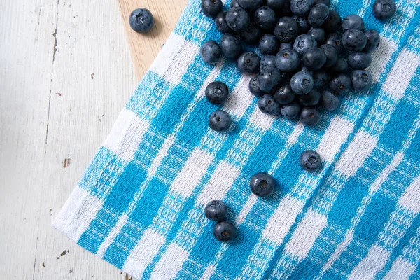 Top View Blueberries Tablecloth Blue Pattern — Stock Photo, Image