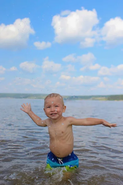 Child Splashing Water River — Stok fotoğraf