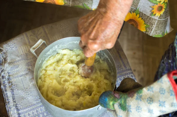 Old Grandmother Cooking Ground Potatoes Pounding Woodenware Aluminum Pot — Stock Fotó