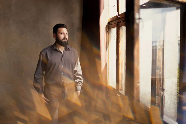 Young Man Beard Suit Standing Window — Stok fotoğraf