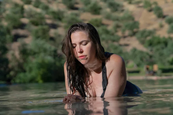 Attractive Young Latin Girl Lying Shore Lake — Stockfoto