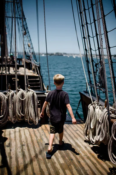 Eight Year Old Boy Exploring Sailboat Maritime Museum San Diego — Stock Photo, Image