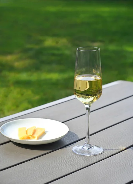 Bahçedeki Bir Masanın Üzerinde Bir Bardak Sek Beyaz Şarap Duruyor — Stok fotoğraf