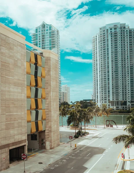 Felhőkarcolók Kilátás Folyó Tenyér Miami Florida Brickell Belváros — Stock Fotó