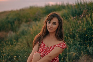 portrait of a girl in the summer at sunset on the grass