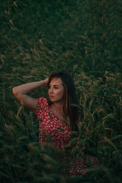 Portrait Young Woman Summer Tall Grass — 图库照片