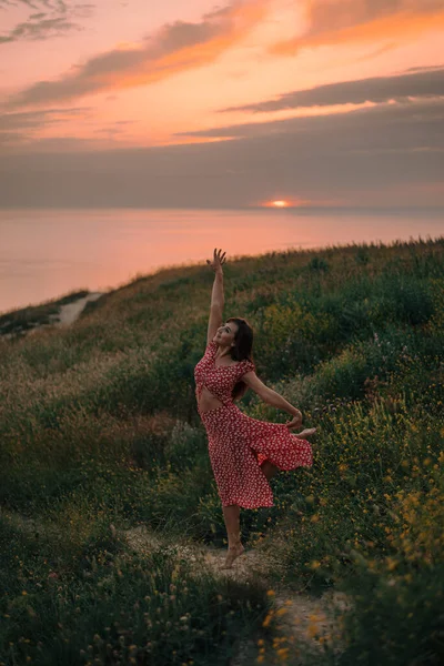Happy Girl Jumping Sunset Summer Motion — Stockfoto