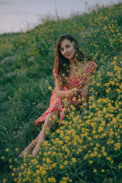 Portrait Girl Summer Grass Cut Yellow Wildflowers — Stockfoto