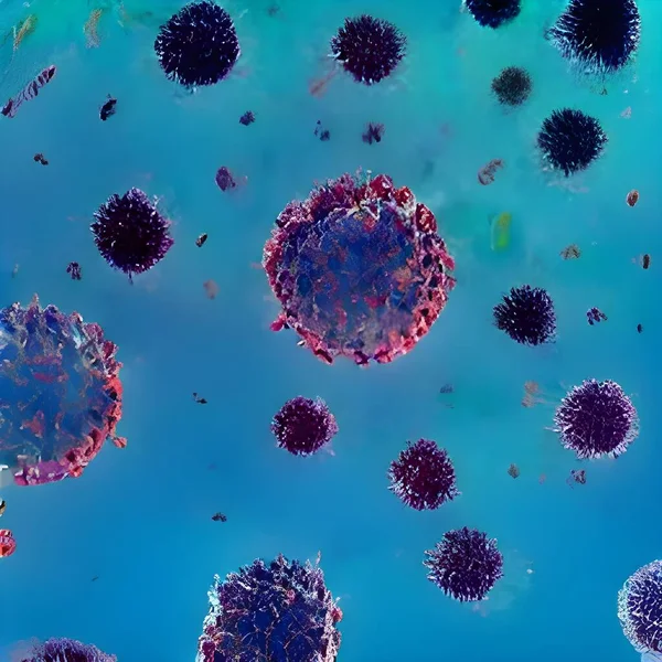 Flu or HIV coronavirus floating in fluid microscopic view, infection