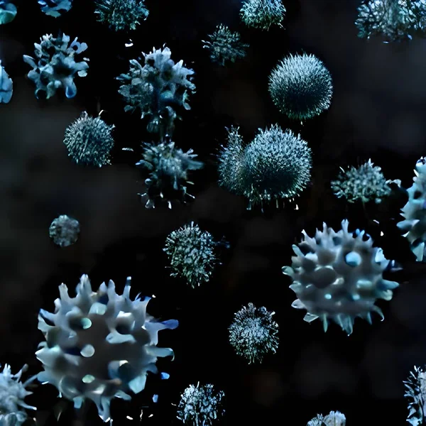 Microscopic view of floating influenza virus cells. Dangerous illness